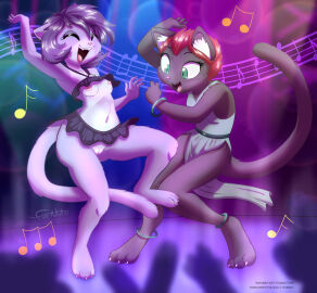 2023 absurd_res anklet anthro areola biped blush blush_lines bodily_fluids bottomwear bracelet breasts brown_body brown_hair claws closed_eyes clothed clothing crop_top dancing digitigrade domestic_cat dress drooling duo eyebrows felid feline felis female female/female furnut genitals green_eyes hair hi_res inner_ear_fluff jewelry looking_at_another mammal midriff miniskirt mostly_nude musical_note navel nightclub nipples no_panties no_underwear open_mouth open_smile original_characters pink_body pink_nose public public_exposure purple_hair pussy saliva shirt short_skirt skirt smile teeth toe_claws tongue topwear tuft upskirt wardrobe_malfunction