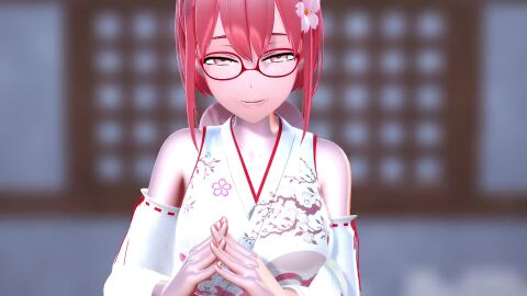 breasts female flim13 floral_print flower frilled_thigh_strap green_eyes hair_bell hair_ornament japanese_clothes large_breasts looking_at_viewer miko mmd original pink_hair seductive seductive_eyes seductive_look sideboob tagme thick_thighs thigh_strap thighs veins veiny_penis video