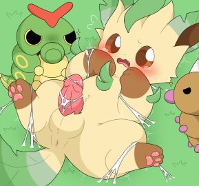 absurd_res animal_genitalia arthropod blush bodily_fluids bondage bound caterpie eeveelution feral generation_1_pokemon generation_4_pokemon genitals group hi_res insects leafeon leafeon0927 legs_up male nintendo open_mouth outdoor_nudity outside penis pokemon pokemon_(species) restrained scared shaking solo spread_legs spreading tears trembling trio weedle yellow_body