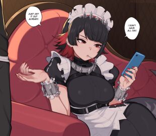 1boy 1girls afrobull ellen_joe female hoyoverse maid maid_outfit maid_uniform male phone pointy_chin shark_girl shark_tail tagme zenless_zone_zero