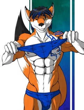 5_fingers abs alty anthro arm_tattoo athletic athletic_anthro athletic_male balls balls_outline bangs biped black_hair black_markings black_nose blue_highlights bulge canid canine chest_tattoo clothed clothing detailed_bulge dipstick_ears dipstick_tail ear_markings fingers fluffy fluffy_tail fox fur genital_outline gloves_(marking) hair half-length_portrait happy hi_res highlights_(coloring) holding_clothing holding_object holding_speedo holding_swimwear iudicium86 looking_at_viewer male male_anthro mammal markings multicolored_ears nipples offering_clothing offering_speedo offering_to_viewer one_eye_closed orange_body orange_fur pecs pink_nipples portrait shaded shoulder_tattoo simple_background smile solo speedo speedo_only standing swimwear tail tail_markings tattoo teeth tight_clothing topless tribal tribal_tattoo white_body white_fur wink yellow_eyes