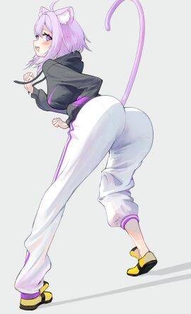 :d absurdres ahoge animal_ears ass besi_(besidoesart) cat_ears cat_girl cat_tail commentary double-parted_bangs female from_behind full_body grey_hoodie hair_between_eyes highres hololive hood hoodie looking_at_viewer looking_back nekomata_okayu nekomata_okayu_(1st_costume) oerba_yun_fang open_mouth pants pantylines purple_eyes purple_hair shoes short_hair simple_background skin_fang smile sneakers solo sweatpants tail virtual_youtuber white_background white_pants yellow_shoes