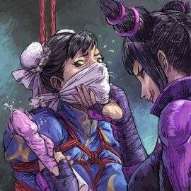2girls black_hair bondage bound breasts chun-li cloth_gag double_bun gag gagged grabbing_another's_chin hair_bun hair_horns hand_on_another's_chin holding holding_sex_toy implied_rape improvised_gag juri_han kidnapped multiple_girls over_the_nose_gag pii_(taromura) red_eyes sex_toy street_fighter tongue tongue_out yuri