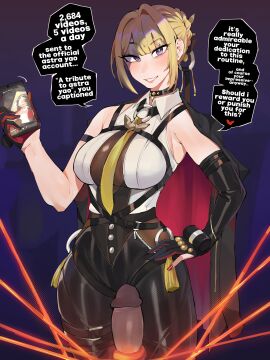 1boy 1girls balls big_penis blonde_female blonde_hair clothed clothed_female_nude_male cock_and_ball_torture cock_and_balls_torture cum_tribute dick diforland english_text evelyn_chevalier female fully_clothed fully_clothed_female hoyoverse large_penis looking_at_viewer male mihoyo penis phone pov smartphone string strings tagme text tied tied_penis zenless_zone_zero