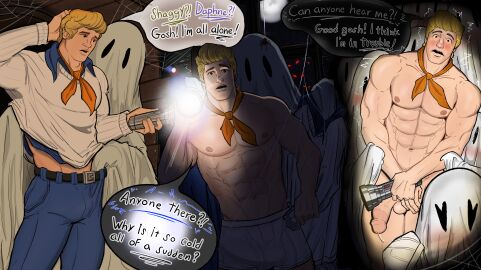1boy ascot big_balls big_chest big_pecs big_penis blonde-haired_male blonde_hair blue_jeans cartoon_network clothes clothes_lift clothes_pull clothes_removed clothes_stolen cobwebs covering_crotch covering_penis covering_privates covering_self embarrassed embarrassed_expression embarrassed_nude_male erect_penis erection flashlight fred_jones gay gay_male ghost ghost_costume groping halloween_theme hands_over_penis hanna-barbera haunted_house head_scratch himbo huge_balls huge_cock imminent_sex jock jock_slut muscles muscular muscular_legs muscular_male muscular_thighs nipples notoriousb33t oblivious oblivious_nudity paranormal pecs pectorals penis penis_out precum precum_drip precum_on_penis precum_string questionable_consent scared scared_expression scared_face scared_male scared_shitless scooby-doo shivering speech_bubble spider spider_web spooky tight_clothing yaoi