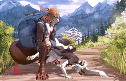 3_toes ankle_grab anthro anthro_on_anthro ass athletic athletic_male backpack balls big_ass big_butt bodily_fluids claws crouching demon digital_media_(artwork) dripping duo ear_piercing erection fangs feet felid feline female female_penetrated fur fur_markings genital_fluids genitals green_eyes hair hi_res hiking horn humanoid_genitalia kangaroo leg_grab long_hair lying macropod male male/female male_penetrating male_penetrating_female mammal markings marsupial muscular muscular_anthro muscular_male nude on_front open_mouth orange_hair outside pawpads paws penetration penile penile_penetration penis piercing precum precum_drip raised_leg ravios sex smile tail teeth toes white_body white_fur xdarkspace yellow_eyes