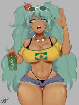 1girls anime_style artist_request big_breasts bikini blue_eyes blue_hair brazil brazilian brazilian_female brazilian_miku breasts cross_necklace crouching dom0png earrings eyebrows_visible_through_hair female female_only flag flower_in_hair green_nails hair_ornament hatsune_miku latin_american_hatsune_miku_(meme) long_hair looking_at_viewer nails shoulders swimsuit tan tan_skin thick_thighs thigh_gap thighs very_long_hair vocaloid wide_hips yellow_bikini