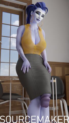 3d clothed clothing futa_only futanari gigantic_penis hidden_penis huge_cock intersex long_penis mostly_clothed overwatch overwatch_2 pencil_skirt penis skirt solo sourcemaker widowmaker