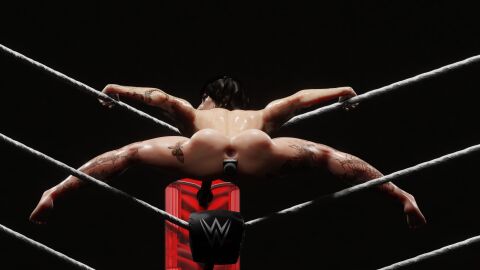 3d anus ass black_hair completely_nude dropsy48 female gaping gaping_anus microphone microphone_in_pussy nude nude_female pussy real_person rhea_ripley spread_legs sweat sweating tattoo tattoos wrestling_ring wwe