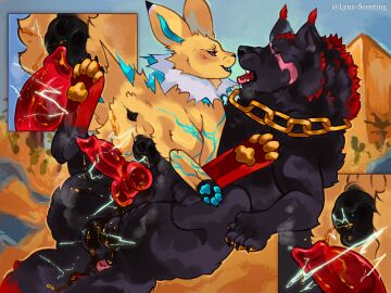 anatomically_correct anatomically_correct_genitalia anatomically_correct_penis anatomically_correct_pussy animal_genitalia animal_pussy balls black_pussy black_the_wolf bodily_fluids canine_genitalia canine_pussy chain_necklace desert desert_background dominant dominant_female duo eeveelution electricity electrostimulation fan_character female feral feral_on_feral generation_1_pokemon genital_fluids genitals hi_res jewelry jolteon lynx_scenting male male/female necklace nintendo peeing peeing_on_another peeing_on_balls peeing_on_penis penis pokemon pokemon_(species) pussy pyramid scar scent static_(lauraleafeon) urine urine_on_balls urine_on_penis watersports