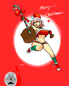 2d balls blue_eyes christmas_hat christmas_headwear doki_doki_literature_club emptyskull302 english_text female female_focus give_us_your_balls hat headwear heart holiday_clothing human humanoid male navel sans santa_hat sayori_(doki_doki_literature_club) solo_focus strawberry_blonde_hair text undertale undertale_(series) zzz