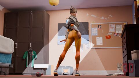 3d ass blizzard_entertainment brown_hair female female_only kangtua3d overwatch overwatch_2 posing posing_for_the_viewer solo_female tracer tracer_(overwatch_2_suit) wink