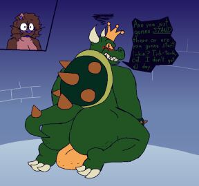 amber_(felineflustered) anthro ass balls big_ass big_balls big_butt blush bracelet crown demon domestic_cat duo felid feline felineflustered felis futanari genitals headgear horn huge_ass huge_balls huge_butt intersex jewelry king_koopa kneeling koopa male mammal mario_(series) nintendo scalie sharp_teeth shell spiked_bracelet spiked_tail spikes spikes_(anatomy) tail teeth text the_super_mario_bros._super_show!