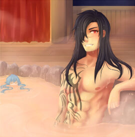 2boys abs aoba_seragaki chest_tattoo dramatical_murder hot_spring koujaku male naked_male tagme tattoo