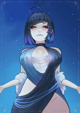 1girls 2d ahoge big_breasts biting_lip black_hair blue_background blue_dress blue_hair breasts dress earrings eyelashes female female_focus female_only fur genshin_impact green_eyes hair hi_res hoyoverse jewelry light-skinned_female light_skin looking_at_viewer mambolina mihoyo mole multicolored_hair patreon patreon_username seductive short_hair sideboob solo solo_female solo_focus tagme watermark yelan_(genshin_impact)