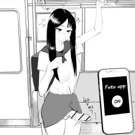 1:1 1futa bar_censor big_penis blush censored censored_penis dickgirl erection eyes_rolling_back female female_to_futa futa_only futa_transformation futanari hi_res huge_cock intersex megahertz monochrome nosebleed penis penis_out phone public public_exposure public_nudity public_transportation school_uniform skirt smartphone solo standing student train train_interior transformation