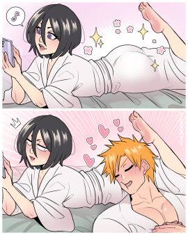 1boy 1girls ass ass_pillow black_hair bleach blush butt_pillow closed_eyes dangerousbride female heart ichigo_kurosaki kuchiki_rukia lying lying_on_stomach male orange_hair purple_eyes very_high_resolution wholesome