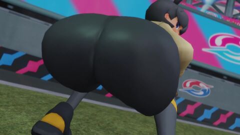 3d ahoge animated ass ass_focus ass_shake black_hair bodysuit dark_skin emma_(pokemon) female from_behind huge_ass jacket jiggle kishi leaning leaning_forward looking_back pokemon pokemon_legends:_z-a purple_eyes short_hair skin_tight solo squatting tagme twerking video