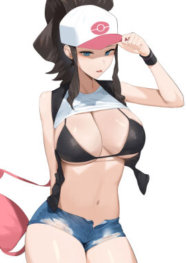 1girls absurd_res absurdres arm_above_head arm_behind_back arm_up bare_arms bare_belly bare_chest bare_hands bare_hips bare_legs bare_midriff bare_navel bare_shoulders bare_skin bare_thighs bare_torso belly belly_button bikini bikini_top black_bikini black_bikini_top black_string_bikini black_swimsuit black_swimwear black_vest blue-eyed_female blue_eyes breasts brown-haired_female brown_eyebrows brown_hair cap cleavage curvy curvy_body curvy_female curvy_figure curvy_hips curvy_thighs dot_nose elbows female female_focus female_only fingers groin half_naked hand_above_head hand_behind_back hand_up hat high_resolution highres hilda_(pokemon) hourglass_figure jean_shorts jeans large_breasts legs legs_together light-skinned_female light_skin long_hair looking_at_viewer lordol naked naked_female navel nude nude_female pink_bag pink_cap pink_hat pokemon pokemon_bw ponytail shiny_breasts shiny_legs shiny_skin shiny_thighs shirt short_shorts shorts shoulders simple_background slender_body slender_waist slim_female slim_waist solo standing string_bikini swimsuit swimwear thick_thighs thighs thin_waist tongue tongue_out topwear upper_body v-line vest white_background white_cap white_hat white_shirt white_topwear wide_hips
