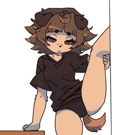 anthro ballerina_position black_panties black_shirt blush dog_ears hand_on_table mimi_(typh) short_hair spread_legs tagme thick_thighs