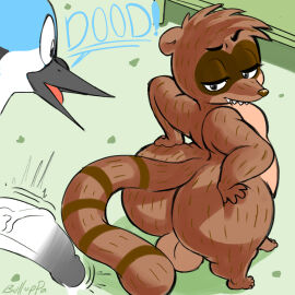 4_toes anthro ass avian backsack balls ballsack big_butt bird blue_body blue_feathers blue_jay bodily_fluids brown_body brown_fur bulluppa cartoon_network corvid dialogue duo english_text erection eyebrows feathers feet fur genital_fluids genitals half-closed_eyes hand_on_butt hi_res humanoid_genitalia humanoid_penis jay_(bird) looking_at_another looking_back looking_back_at_another male male/male mammal markings mordecai_(regular_show) narrowed_eyes new_world_jay nude open_mouth oscine passerine penis precum procyonid raccoon raised_eyebrow regular_show rigby_(regular_show) signature striped_markings striped_tail stripes tail tail_markings teeth text toes vein veiny_penis white_body white_feathers