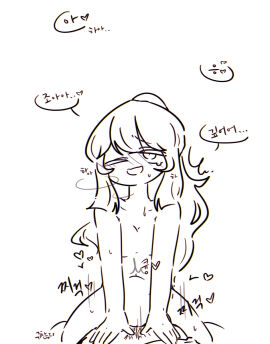 cowgirl_position dalgik dalgik-chan digital_media_(artwork) female female_focus female_on_top heart korean_text line_art male male_pov motion_lines one_eye_closed original ponytail stomach_bulge