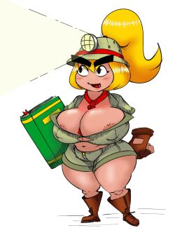 1girls areola_slip big_breasts breasts cleavage female goombella green_shorts jpm mario_(series) paper_mario paper_mario:_the_thousand-year_door shortstack thick_thighs thighs