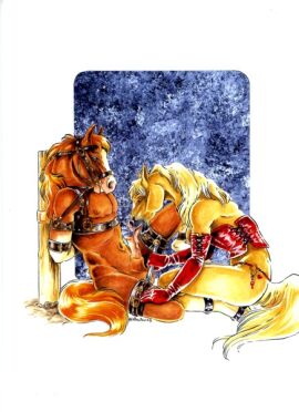 2003 anklet anthro balls blonde_hair bondage breasts brown_body brown_fur brown_hair clothing collar corset duo equid equine erection fellatio female fur genitals gloves hair halter handwear harness heart_(marking) heather_bruton horse jewelry leg_markings legband lingerie male mammal markings mostly_nude nipples oral penile penis restraints sex socks_(marking) spreader_bar topwear white_body white_fur yellow_body yellow_fur