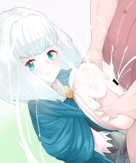 1boy 1girls bar_censor bottomless breast_grab breasts breasts_out censored clothed_sex clothes cum cum_on_body cum_on_breasts cum_on_upper_body double_breast_grab ejaculation female grabbing grabbing_another's_breast gradient_background green_eyes huge_breasts long_hair male male_pubic_hair medium_hair paizuri pt pubic_hair sex sharon_(unicorn_overlord) sitting smile straight unicorn_overlord white_hair