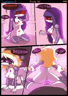 1boy 2024 2d 2girls ass blonde_hair blush boozy_uzi breasts comic completely_nude dialogue doll_(murder_drones) drunk english english_text female glitch_productions humanoid lizzy_(murder_drones) male multiple_females multiple_girls murder_drones nikolay_(toyslasher) nude nude_female page_101 page_number purple_hair robot robot_boy robot_girl robot_humanoid screen_face sex straight text tongue tongue_out toyslasher white_body worker_drone