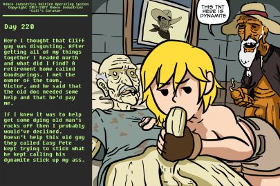 1girls balls blowjob doc_mitchell easy_pete exhibitionism exhibitionist fallout fallout_new_vegas fellatio female fuse fuse_in_penis male mature_male mob_face mrb mrbooshmaster old_male older_male oral penis tnt toony topless vault_girl wrinkles