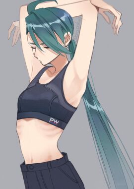 1girls armpits arms_up belly belly_button breasts closed_eyes clothed cro_pokey ear_piercing eyes_closed female female_only green_hair long_hair pierced_genitals piercing piercings pokemon pokemon_sv rika_(pokemon) small_breasts stretching stretching_arms tagme tagme_(artist) thin tied_hair tomboy tummy