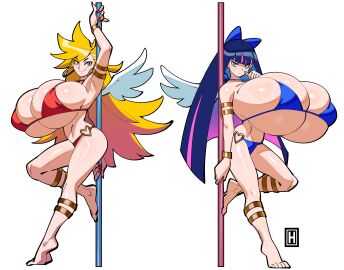 2girls absurd_res alternate_body_type alternate_breast_size angel angel_girl angel_wings arm_bracelets barefoot big_boobs big_breasts bikini blonde blonde-haired_female blonde_female blonde_hair blue_bikini blue_bikini_bottom blue_bikini_top blue_eyes blue_hair blue_nail_polish blue_nails boobs bow bracelet bracelets breasts breasts_bigger_than_head breasts_bigger_than_torso earrings feet female female_only fingernails gigantic_breasts hair_bow heart_o-ring hoop_ear_ring hoop_earring hoop_earrings hoop_earrings_oversized hoop_rings huge_breasts hyper_breasts large_breasts long_hair looking_at_viewer nails painted_nails panty_&_stocking_with_garterbelt panty_anarchy pink_hair pole pole_dancer pole_dancing purple_hair red_bikini red_bikini_bottom red_bikini_top red_nail_polish red_nails smiling smiling_at_viewer soles stocking_anarchy stripper_pole thehelmetguy toes two-tone_hair white_background wings