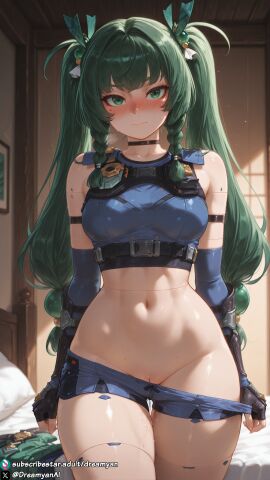 1girls ai_generated android breasts clothed clothed_female curvy curvy_body curvy_female dreamyan_ai embarrassed female female_focus female_only flustered green_eyes green_hair hi_res high_quality high_resolution highres long_hair looking_at_viewer medium_breasts pussy pussy_juice qingyi_(zenless_zone_zero) solo solo_female solo_focus thick_ass thick_thighs thighs twintails uncensored undressing zenless_zone_zero