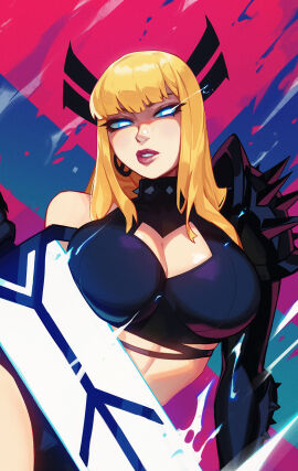 1girls 2d armor blonde_hair boob_window breasts busty cleavage cleavage_cutout female first_porn_of_character first_porn_of_franchise glowing_eyes light-skinned_female light_skin magik_(illyana_rasputin) magik_(marvel_rivals) marvel marvel_comics marvel_rivals mutant qt0ri solo spiked_collar spikes sword x-men