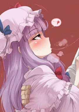 1girls after_kiss ario blush female hat patchouli_knowledge purple_hair saliva_string saliva_trail spoken_heart tagme thought_bubble touhou