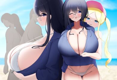 2girls background_characters beach bikini black_hair blonde_hair blush breasts breasts_bigger_than_head cap cleavage female front_view glasses hoodie huge_breasts megane-chan_(nicorima) nicorima oc one_eye_closed open_mouth side_ponytail side_view sideboob zipper