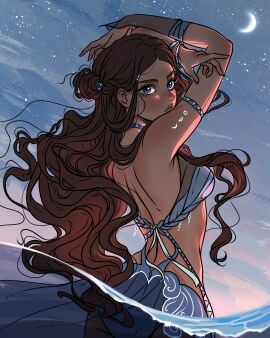 avatar_legends avatar_the_last_airbender back_view bikini dark-skinned_female dark_skin female kalisami katara moon outdoors solo_female swimsuit waterbending