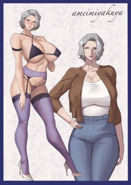 1girls absurd_res breasts clothed clothing earrings female female_only footwear gilf glasses grey_hair hi_res huge_breasts legwear long_hair looking_at_viewer lulu95402099 mature mature_female milf original pubic_hair solo solo_female stockings thick_thighs thighhighs wide_hips