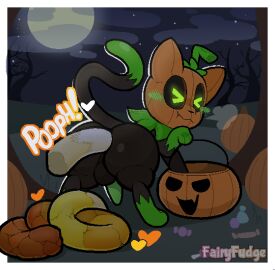 anus artist_name ass backsack balls ballsack big_butt black_sclera blush blush_lines blush_stickers border breath candy candy_corn chewing closed_eyes colored_feces dessert digital_media_(artwork) domestic_cat elemental_creature embarrassed erection excessive_feces fairyfudge feces feces_pile felid feline felis feral flora_fauna food food_feces for_a_head fruit genitals glowing glowing_eyes green_blush green_eyes heart_symbol hyper_feces hyper_scat looking_back male male_pooping mammal moon multicolored_feces night object_head orange_feces paw_pose paws penis plant pooping_on_grass pose pumkat pumpkin pumpkin_head quadruped rear_view scat scatplay solo sound_effects text unusual_feces white_border white_feces yellow_feces