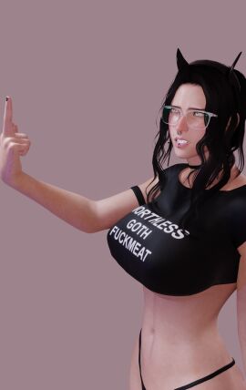 1girls 3d annoyed annoyed_expression big_breasts black_choker black_hair black_headwear black_horns black_nail_polish black_nails black_panties black_shirt blender blender_eevee breasts cat_eyes choker cross_earrings cross_necklace degradation degrading_accessory double_middle_finger female female_focus female_only flipping_off fuck-me_shirt fully_clothed glasses goth hair_bun hand_in_front_of_face headband horns huge_breasts lady_x_(osimai) lip_piercing looking_away middle_finger nail_polish nose_piercing nose_ring original original_character osimai panties solo solo_female t-shirt teasing text_on_clothing text_on_shirt text_on_topwear transparent_glasses underboob vampire_teeth variant wavy_hair yellow_eyes