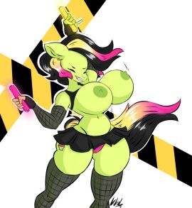 anthro_pony belly_button big_breasts breasts cameltoe caution_tape colored_hair cute cutie_mark dark_hair dark_nipples dated dullvivid female fishnet_armwear fishnet_legwear gloves glowstick green_skin happy lava_lamp mlp_oc my_little_pony neonicity nipples panties pussy rave shirt_lifted signature simple_background skirt thicc thick_thighs