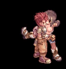 1boy 1girls animated artist_request blacksmith blacksmith_(ragnarok_online) breasts brown_hair clothed_sex clothing cum female male medium_breasts pixel_art ponytail pussy ragnarok_online red_hair vaginal_penetration