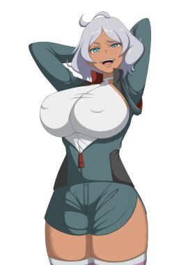 1girls armpits big_breasts blue_eyes breasts female female_only grey_hair gundam gundam_suisei_no_majo hair hands_behind_head huge_breasts naughty_face nipple_bulge secelia_dote short_hair smile solo solo_female thighs tongue