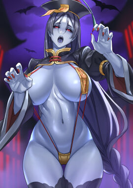 1girls big_breasts black_hair breasts cleavage east_asian_mythology fate/grand_order fate_(series) female female_only hair hat headwear hips huge_breasts jiangshi jiangshi_costume legwear lips long_hair mature mature_female milf minamoto_no_raikou_(fate/grand_order) nail_polish nails ofuda open_mouth purple_body purple_skin red_eyes red_nail_polish red_nails skimpy skimpy_clothes solo solo_female sturmjager thick_thighs thighhighs thighs wide_hips
