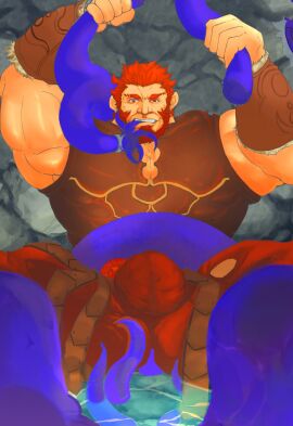 balls bara beard bighaozi bulge clothing facial_hair fate_(series) flaccid fully_clothed iskandar_(fate) male male_only muscles muscular penis sitting solo solo_male tentacle tentacle_on_male yaoi