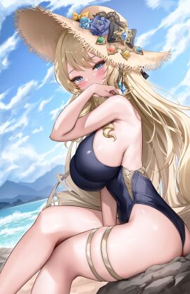 1girls 2024 2d 2d_(artwork) alternate_costume beach big_breasts blonde_hair blue_eyes blush breasts clouds crossed_legs day female female_focus female_only flower_in_hat flowers genshin_impact hat high_resolution highres hourglass_figure huge_breasts light-skinned_female light_skin long_hair looking_at_viewer lunacle mountains navia_(genshin_impact) ocean one-piece_swimsuit outdoors rock side_view sideboob sitting sitting_on_rock sky solo solo_female solo_focus summer summer_hat swimsuit water young younger_female