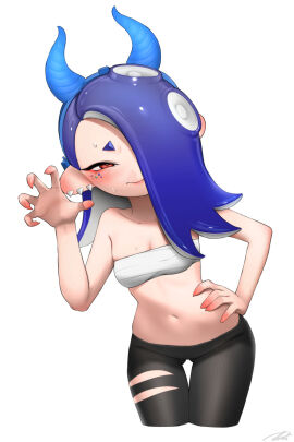 1girls 2024 ass_visible_through_thighs background bare_arms bare_shoulders black_eyelashes black_leggings black_pants blue_eyebrows blue_hair blue_hairband blue_horns blush blush_lines blushing_at_viewer breasts cephalopod cephalopod_eyes cephalopod_humanoid chest_sarashi claw_pose cleavage closed_mouth collarbone colored_extremities cropped_legs digital_drawing_(artwork) digital_media_(artwork) dipstick_fingers earrings embarrassed eyelashes fake_horns female fingernails furrowed_brow hair_over_one_eye hand_up hi_res horizontal_pupils horn_headband horns jewel jewel_under_eye leggings looking_at_viewer medium_hair multiple_earrings navel nintendo octoling one_eye_covered pink_pupils red_pupils sarashi sharp_fingernails shiver_(splatoon) shiver_hohojiro signature simple_background splatoon splatoon_(series) splatoon_3 suction_cups sweat sweatdrop symbol-shaped_pupils tooth_earrings torn_clothing torn_leggings torn_pants white_background