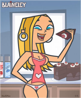 1girls accurate_art_style apron artist_name blaineley_(tdi) blonde_hair blue_eyes cake earrings female panties safe sfw total_drama_island underwear vaultman
