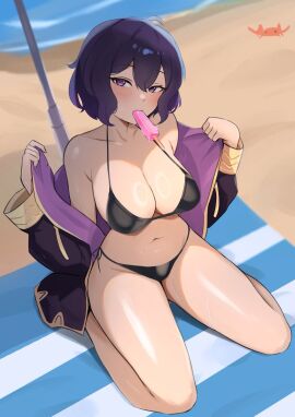 1girls beach beach_towel beach_umbrella big_breasts bikini black_bikini black_hair black_swimsuit breasts cleavage female female_only fire_emblem fire_emblem_awakening half-closed_eyes ice_cream kneeling large_breasts legs morgan_(fire_emblem) morgan_(fire_emblem)_(female) nintendo robe seductive shiny_breasts shiny_legs shiny_skin shiny_thighs short_hair solo solo_female solo_focus string_bikini swimsuit thighs zet_(twt_zet)